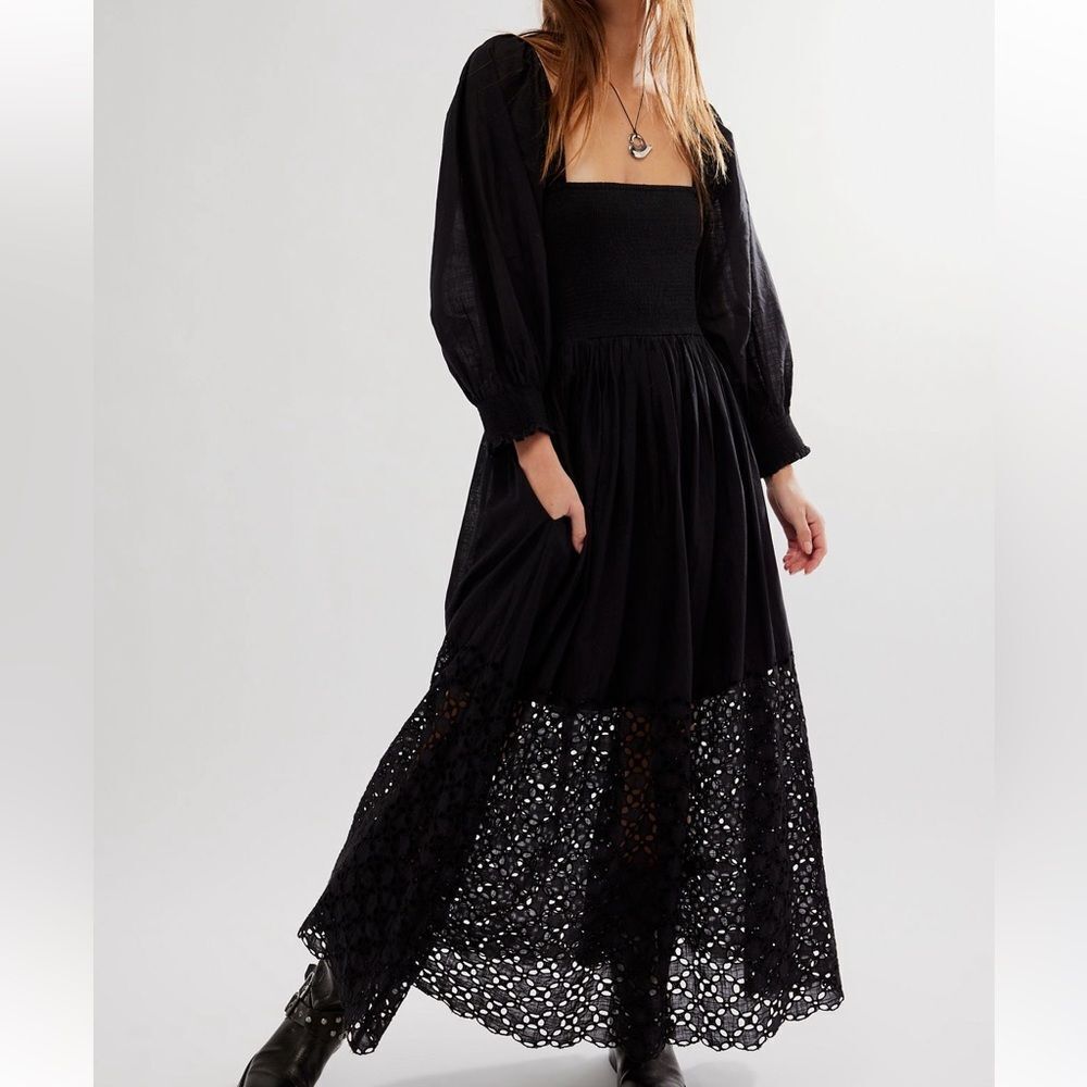 NWOT Free People Perfect Storm Smocked Eyelet MIDI Dress in Black